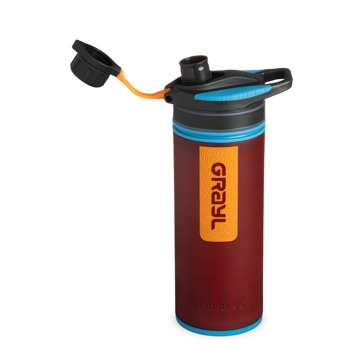 Best top rated Grayl GeoPress Filter and Purifier Water Bottle - 24 Fluid Ounces / Nature Edition / Spout Cap Off View / Wanderer Red