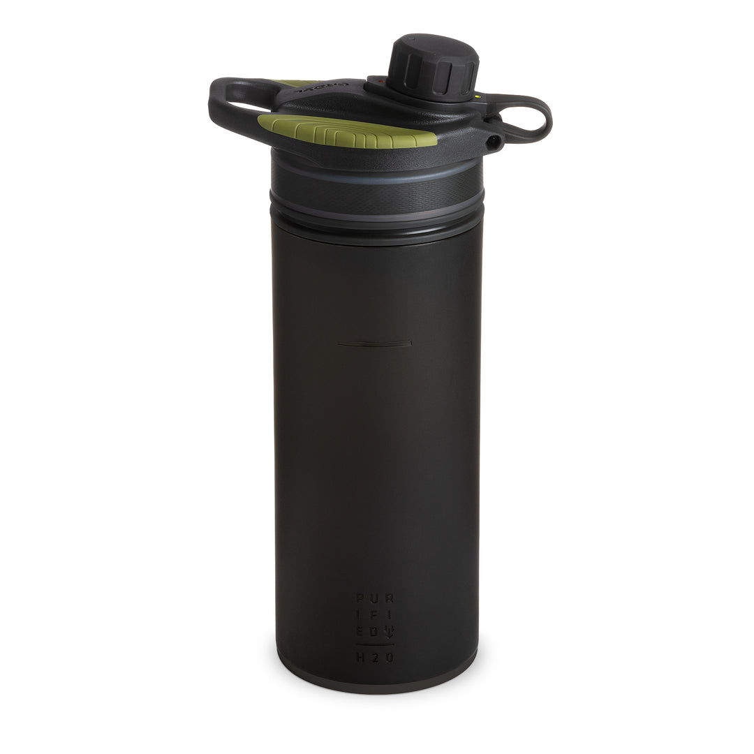 Best top rated Grayl GeoPress Filter and Purifier Water Bottle - 24 Fluid Ounces / Nature Edition / Back of Bottle View / Black Camo