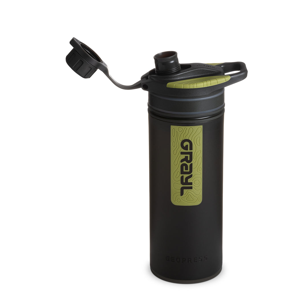 Best top rated Grayl GeoPress Filter and Purifier Water Bottle - 24 Fluid Ounces / Nature Edition / Spout Cap Off View / Black Camo