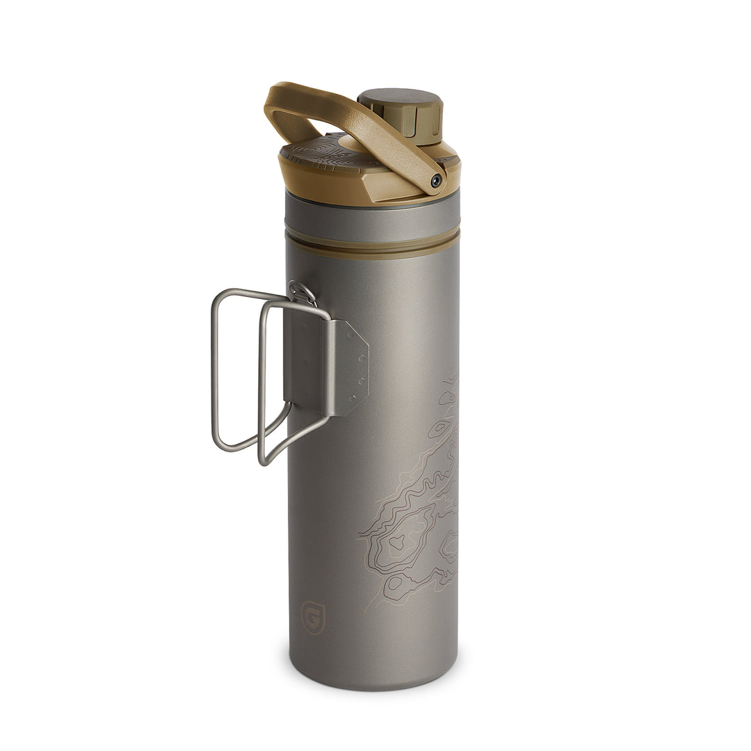 Grayl UltraPress Titanium Filter and Purifier Water Bottle – 16.9 Fluid Ounces / Covert Edition / FlipCarry Handle Up View / Coyote Brown